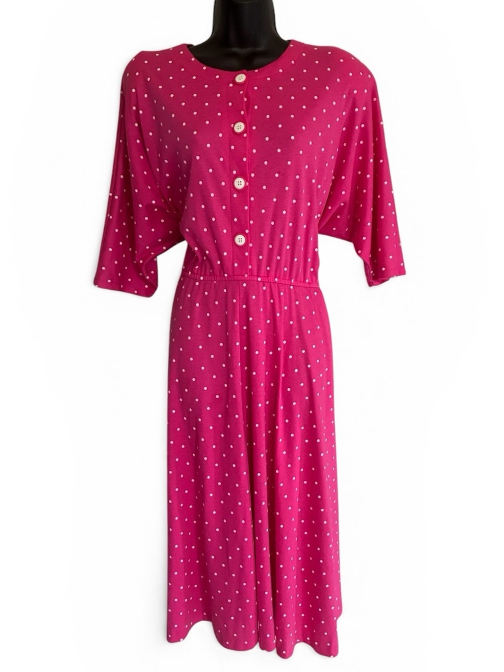 Vintage 80's Pink Polka Dot Button Front Dress Size L
